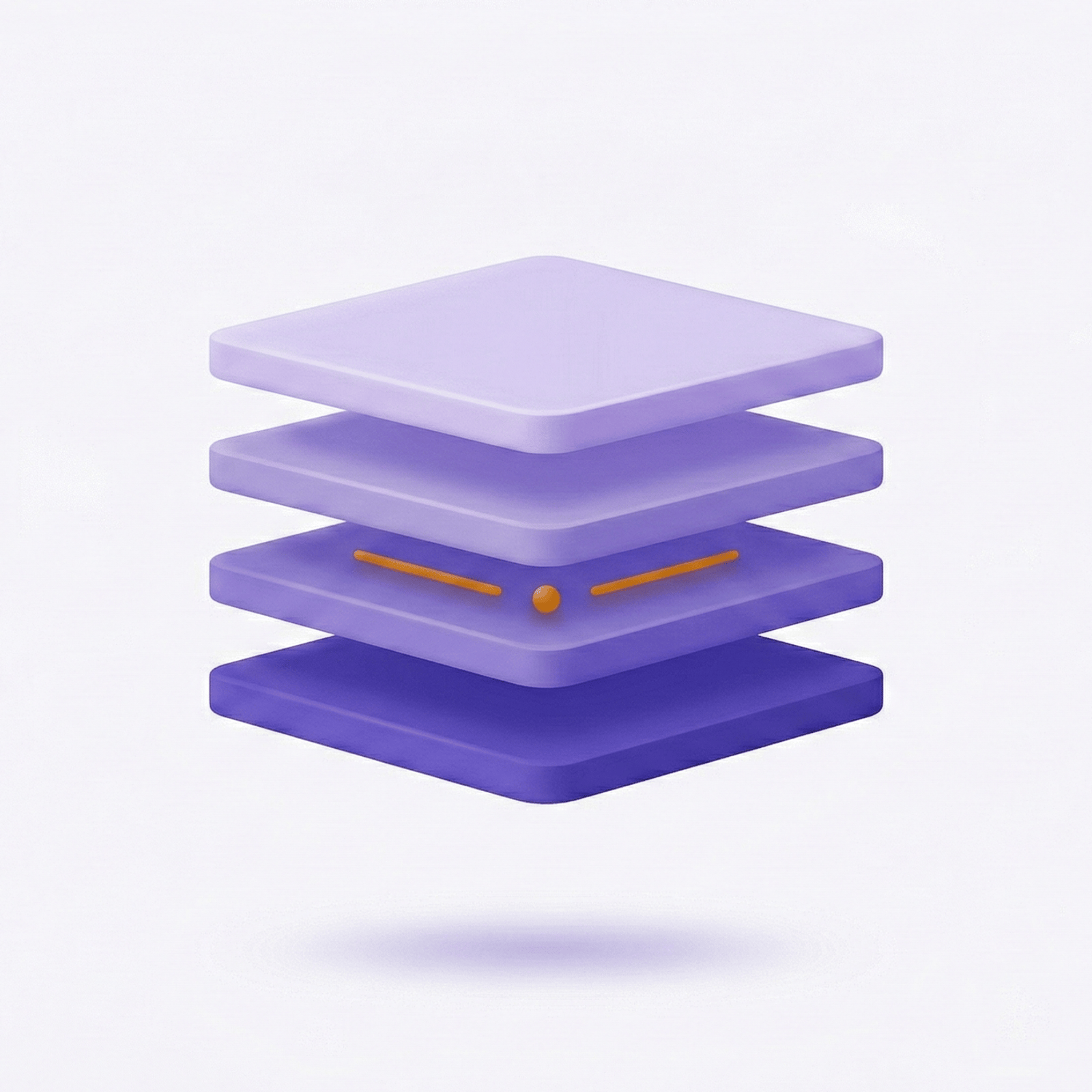 Stack of four floating purple square layers with an orange dot and lines on the third layer above a soft shadow.